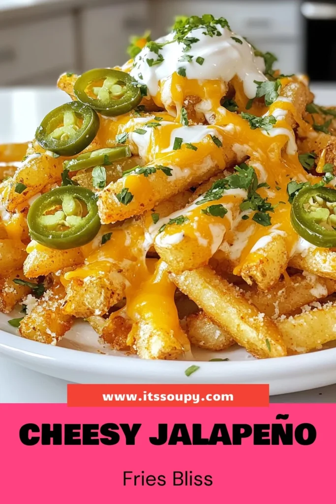 Craving a delicious snack? Try this loaded dirty fries recipe featuring cheesy jalapeño fries. These spicy cheese fries are an easy comfort food recipe that’s perfect for game day or movie night. Made with russet potatoes, melted cheddar, and zesty jalapeños, these baked jalapeño cheddar fries are the ultimate crowd-pleaser. Save this recipe for cheesy goodness! #CheesyJalapeñoFries #LoadedFries #SpicyCheeseFries #ComfortFood