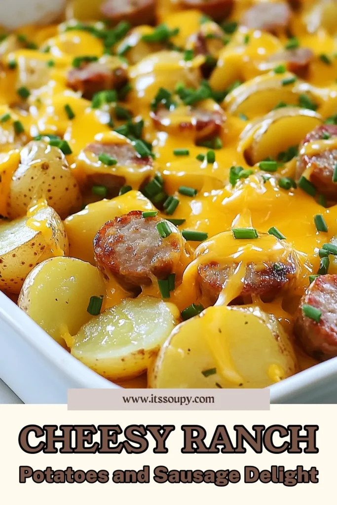 Looking for an easy potato dinner that everyone will love? Try this Cheesy Ranch Potatoes and Smoked Sausage recipe! Packed with flavor, this ranch dressing casserole brings together tender baby potatoes and smoky sausage, topped with melted cheddar cheese. Perfect for baked potato dishes, this delicious meal is a crowd-pleaser. Pin this recipe and enjoy a delightful dinner tonight! #CheesyRanchPotatoes #SmokedSausageRecipe #BakedPotatoDishes #EasyPotatoDinner