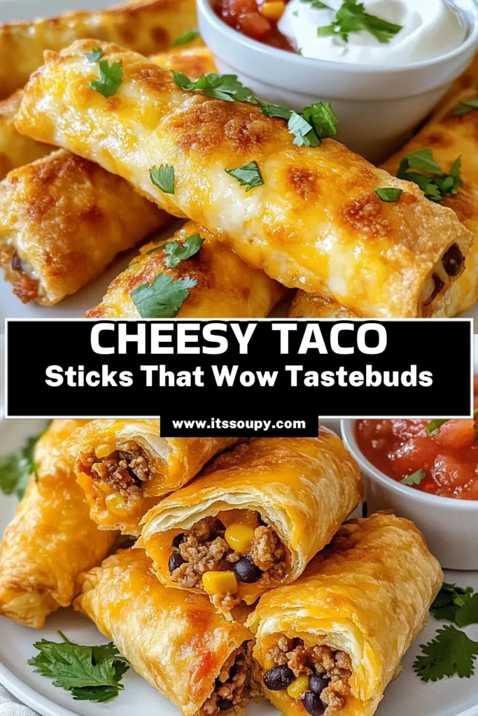 Looking for an easy appetizer recipe that’s sure to impress? Try these delicious cheesy taco sticks! Made with ground turkey and packed with flavor from taco seasoning, black beans, and cheddar cheese, they’re a perfect addition to any gathering. Bake these taco sticks for a golden finish and serve with salsa or sour cream for dipping. Don't miss out on this fun taco recipe! Save it now and enjoy at your next party! #TacoRecipe #EasyAppetizer #BakedTacoSticks #CheesyTacoSticks