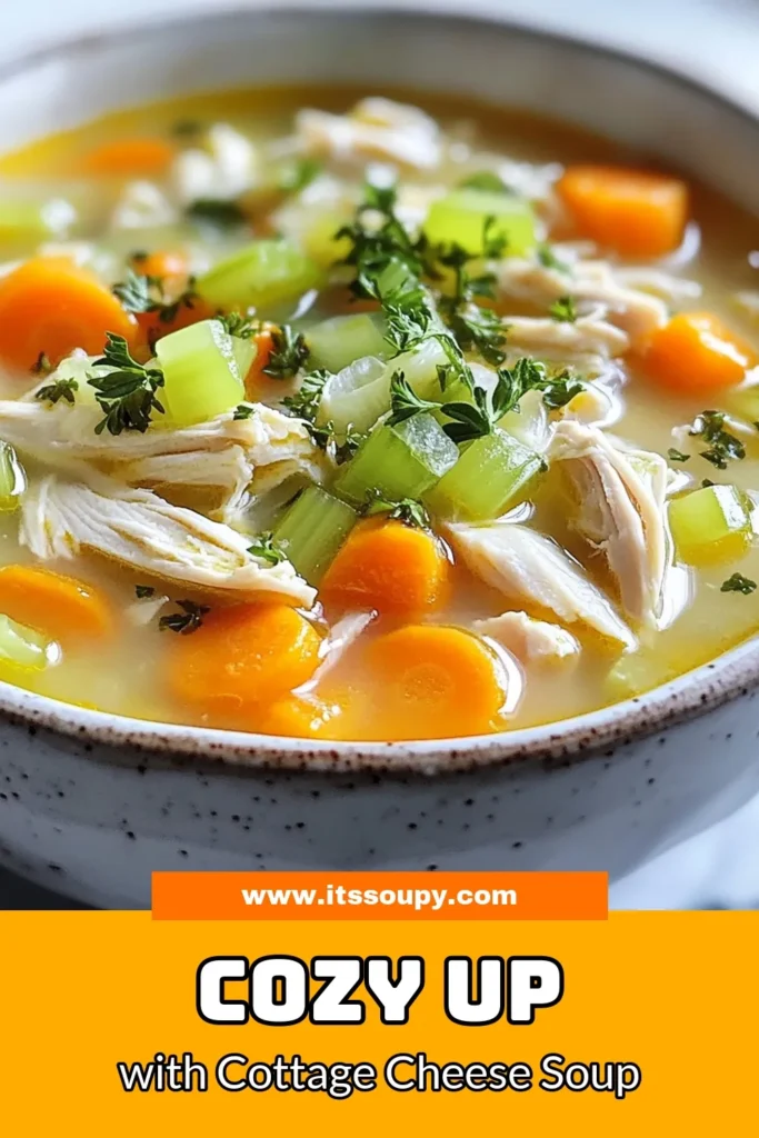 Warm up with this comforting cottage cheese chicken soup that's perfect for any day! This easy soup with cottage cheese combines wholesome ingredients like chicken, carrots, and herbs for a healthy chicken soup that'll satisfy your cravings. Enjoy a delicious chicken broth soup recipe packed with flavor and nutrition. Ready to try this delightful dish? Save the recipe now! #CottageCheeseChickenSoup #HealthySoup #ComfortFood #EasyRecipes
