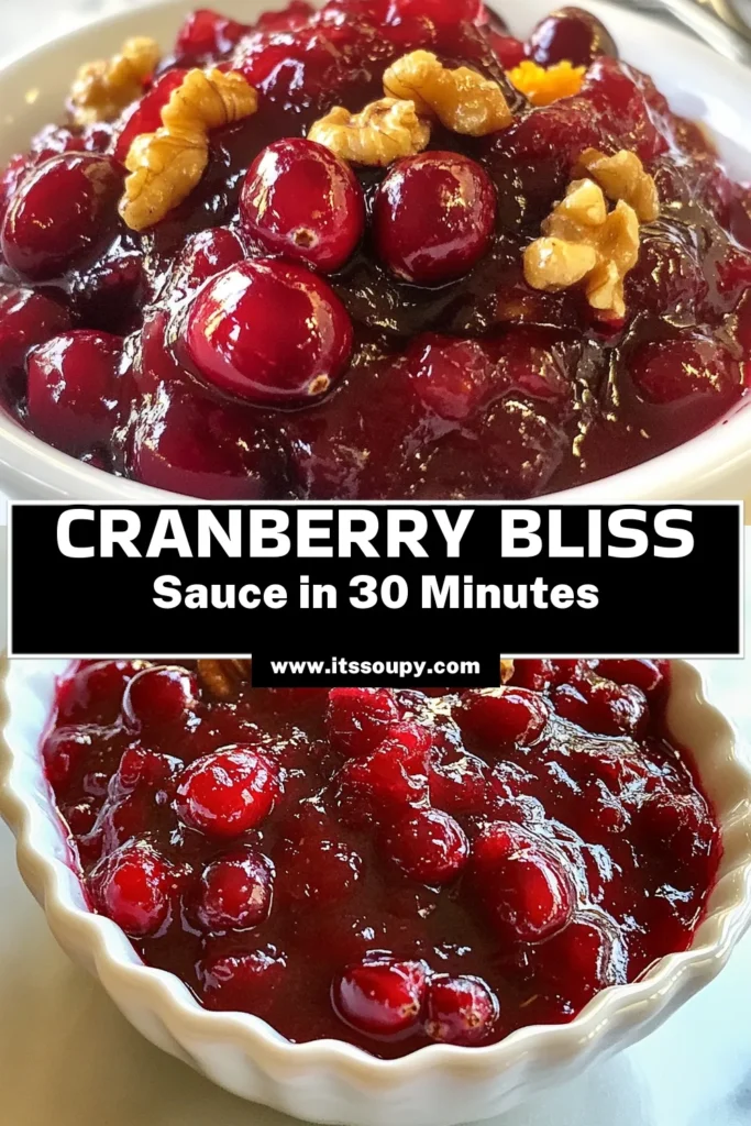 Looking for a delicious homemade cranberry sauce recipe? Try this healthy cranberry sauce that's free from refined sugar! This cranberry bliss sauce combines fresh cranberries, orange juice, and maple syrup for a sweet and tangy delight. Top it off with crunchy walnuts for added texture. Perfect for your holiday meals! Save this orange cranberry sauce recipe and impress your guests! #CranberrySauce #HealthyRecipes #HolidayCooking #CranberryBliss