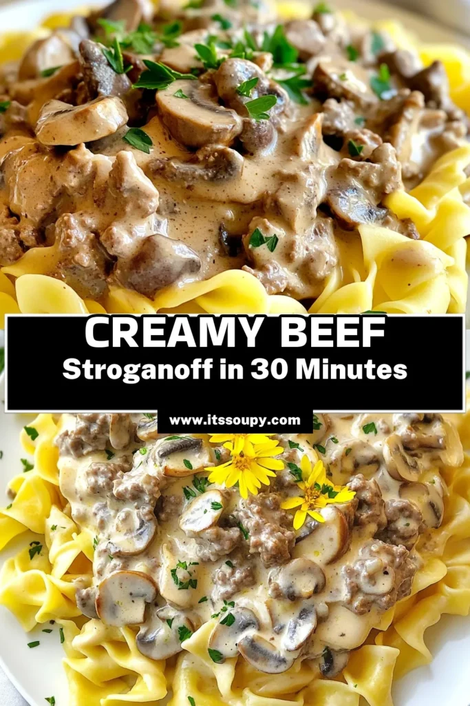 Looking for a quick and delicious dinner? Try this Creamy Ground Beef Stroganoff! This easy beef stroganoff recipe combines ground beef, mushrooms, and a rich, creamy sauce served over egg noodles for a comforting meal. Perfect for busy nights, it’s a must-try among ground beef recipes. Don’t miss out on this simple dish—save and serve it tonight! #BeefStroganoff #QuickDinnerIdeas #GroundBeefRecipes #EasyCooking