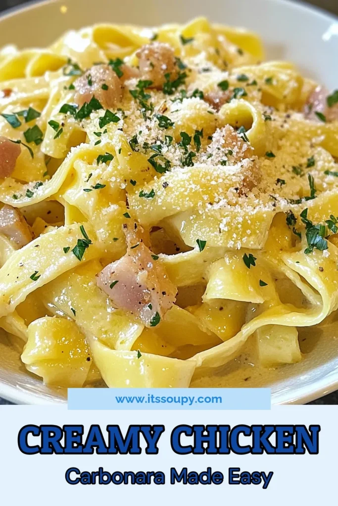 Indulge in this delicious Creamy Chicken Carbonara, a delightful fettuccine carbonara recipe that's perfect for a cozy dinner. This easy chicken carbonara features tender chicken and crispy pancetta mixed in a rich, creamy sauce. Impress your loved ones with this Italian chicken pasta dish that comes together in just 30 minutes. Ready to savor each bite? Save this recipe and enjoy the taste of homemade carbonara with pancetta! #ChickenCarbonara #PastaRecipe #EasyDinner #ItalianCuisine