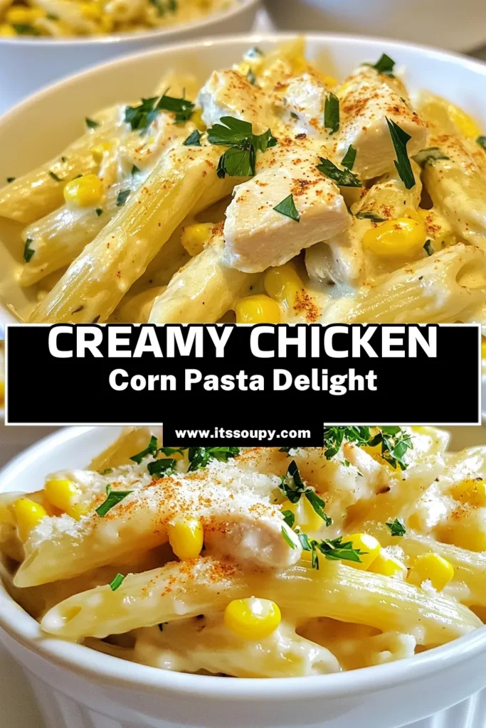 Indulge in this creamy chicken and corn pasta recipe that's perfect for busy weeknights! Our easy chicken pasta dish features tender penne pasta with a rich cream sauce, juicy chicken, and sweet corn. With just a few simple ingredients, you can whip up a delicious meal the whole family will love. Try this Parmesan chicken pasta today and elevate your dinner game! Save this recipe for effortless cooking. #CreamyChickenPasta #ChickenAndCornPasta #EasyChickenPastaDishes #PennePastaWithCreamSauce