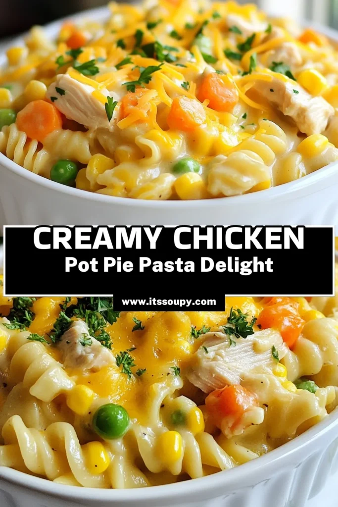 Indulge in this creamy Chicken Pot Pie Pasta, a perfect blend of comfort and flavor! This easy pasta recipe transforms classic chicken pot pie into a delicious one-pot chicken dinner. Packed with shredded chicken, veggies, and creamy sauce, this chicken pasta casserole is designed for those busy weeknights. Ready in just 30 minutes, it's a must-try! Save this recipe and enjoy an easy, delectable meal tonight! #ChickenPotPiePasta #EasyPastaRecipes #OnePotDinner #ChickenPastaCasserole