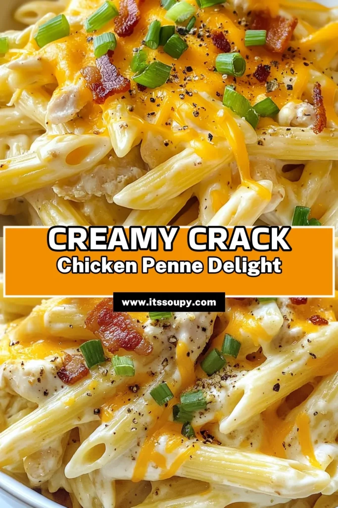 Discover the ultimate comfort food with this Crack Chicken Penne recipe! This creamy chicken pasta recipe combines tender chicken, ranch seasoning, and rich cheeses for a delicious meal. Perfect for busy weeknights, this easy penne pasta dish is a must-try. Whether you’re a fan of ranch chicken pasta or simply need quick weeknight dinner recipes, your family will love this! Save this recipe now and enjoy a tasty dinner tonight! #CrackChickenPenne #ChickenPasta #EasyPastaDishes #QuickDinners