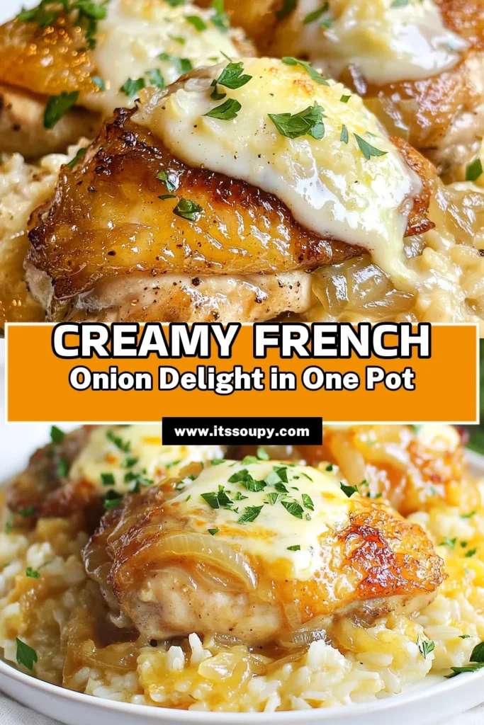 Discover the ultimate comfort food with this creamy French onion chicken and rice recipe! Indulge in tender chicken thighs simmered with caramelized onions and creamy goodness, topped with gooey Gruyère cheese. This easy chicken casserole is perfect for weeknight dinners. Impress your family with this delicious meal that brings French cuisine to your table. Save this creamy French onion chicken recipe for your next dinner! #EasyDinner #ChickenCasserole #ComfortFood #CheesyRecipes