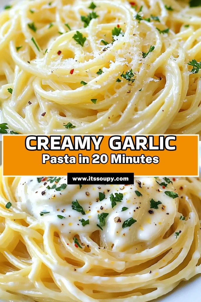 Discover the ultimate garlic pasta recipe with this Minute Creamy Garlic Pasta. This creamy spaghetti dish is perfect for busy nights, combining a rich and easy garlic sauce made with heavy cream and Parmesan cheese. Whip up this quick pasta dish in just 20 minutes and impress your family or guests. Don't miss out on this delicious meal—save the recipe now! #GarlicPasta #CreamySpaghetti #QuickPastaDishes #EasyGarlicSauce
