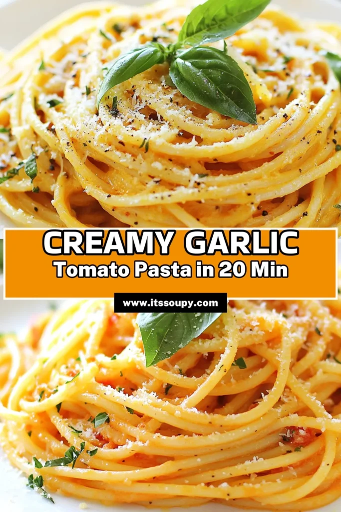 Indulge in this Creamy Garlic Tomato Pasta that’s ready in just 20 minutes! Our quick pasta recipe combines rich heavy cream and garlic for an easy creamy pasta dish that your family will love. This garlic tomato spaghetti is pure comfort food, perfect for busy weeknights. Try this delicious heavy cream pasta recipe today, and don’t forget to save for later! #CreamyPasta #PastaRecipes #GarlicTomato #QuickMeals