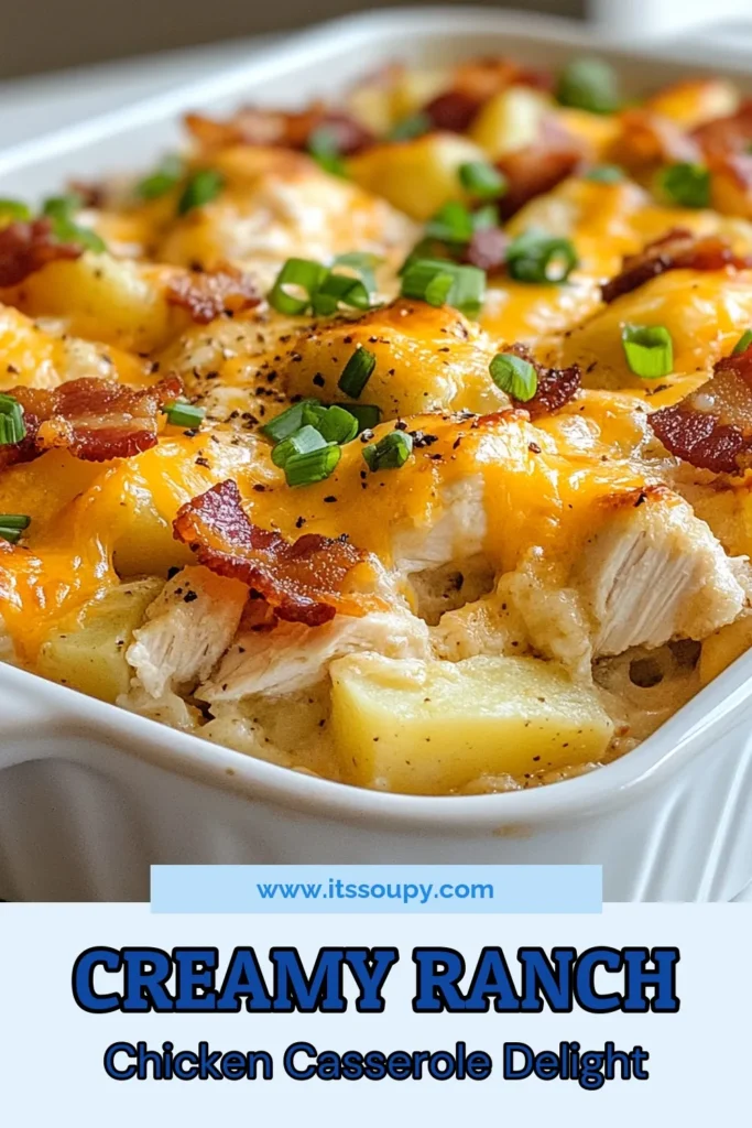 Looking for an easy dinner idea? Try this Loaded Potato Ranch Chicken Casserole! This mouthwatering easy chicken casserole recipe combines shredded chicken, cheesy hash brown casserole goodness, and a flavorful ranch chicken bake that your family will love. Topped with crispy bacon bits, this bacon potato casserole is perfect for any night of the week. Save this recipe for a delicious twist on dinner! #LoadedPotatoRanchChickenCasserole #EasyChickenCasserole #CheesyHashBrownCasserole #RanchChickenBake