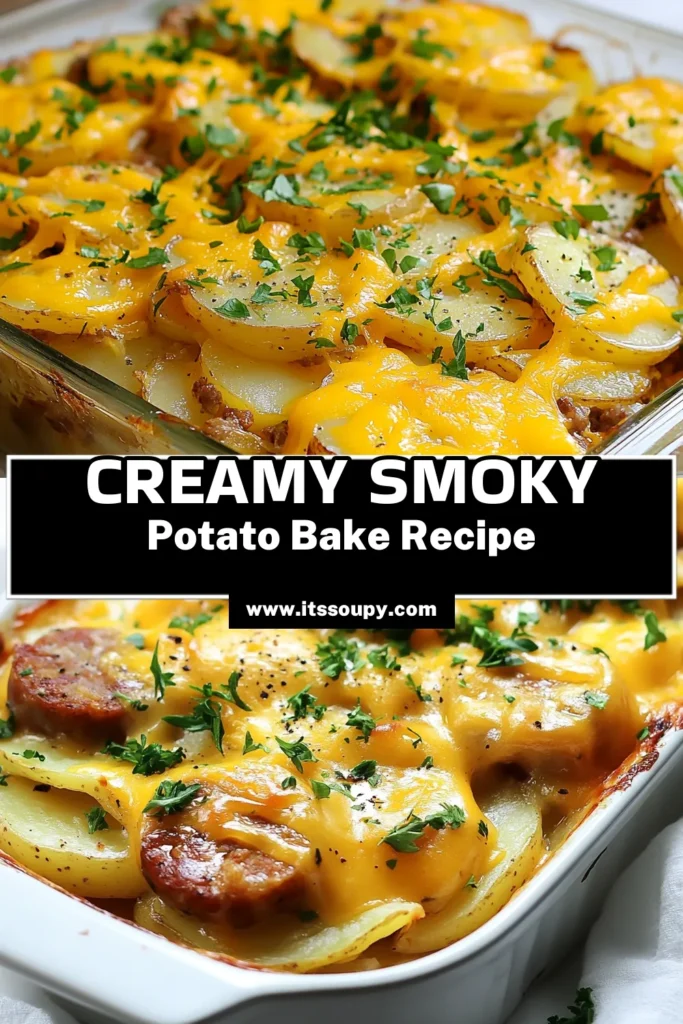 Indulge in this delicious Smoky Potato Bake, a perfect blend of smoked sausage and creamy flavors! This hearty sausage and potato casserole is topped with gooey cheese, making it a must-try cheesy potato bake recipe for family dinners. Enjoy baked potatoes with smoked sausage in a warm, comforting dish that will satisfy your cravings. Save this creamy potato bake with cheese recipe for your next meal! #PotatoBake #SausageCasserole #CheesyRecipes #ComfortFood