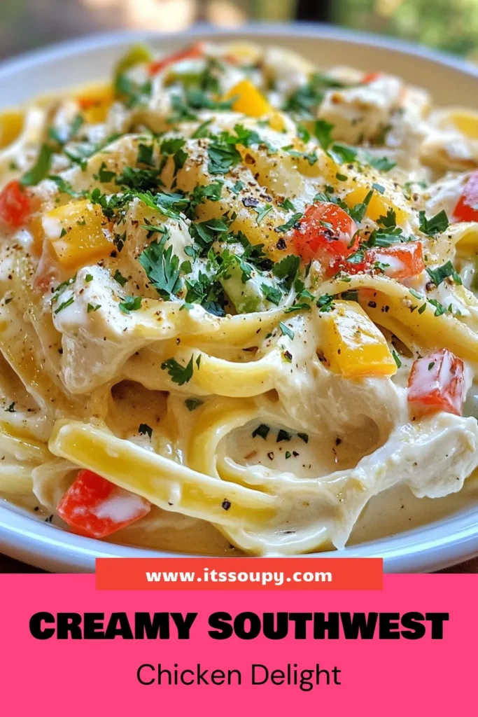 Indulge in this incredible Southwest Rotisserie Chicken Alfredo, a mouthwatering blend of flavors! This easy chicken Alfredo recipe features shredded rotisserie chicken, creamy Monterey Jack Alfredo sauce, and fettuccine pasta, perfect for a quick weeknight meal. With vibrant veggies and spices, it's a gourmet dinner in just 30 minutes. Save this creamy fettuccine recipe for your next dinner idea! #SouthwestChickenAlfredo #RotisserieChickenPasta #EasyChickenAlfredo #CreamyFettuccineRecipe