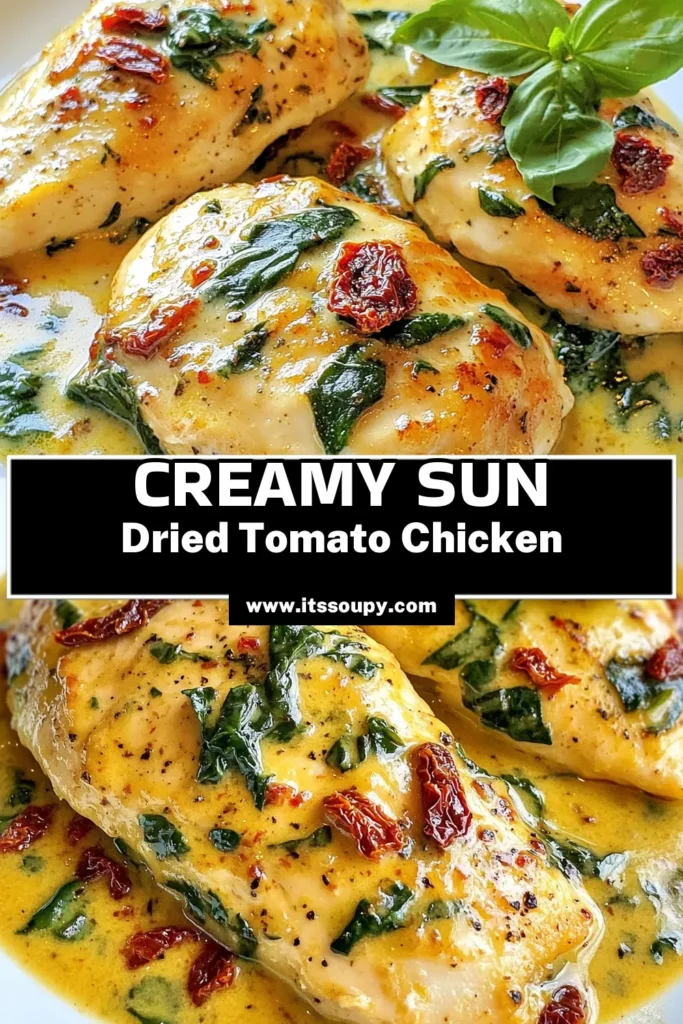 Discover the deliciousness of Sun Dried Tomato Spinach Chicken with this easy recipe! Perfect for an Italian chicken dinner, this creamy chicken recipe combines tender chicken breasts, vibrant spinach, and rich sun dried tomatoes. It’s ideal for any night of the week as a healthy chicken skillet meal. Don’t miss out on a flavorful dinner that’s quick to make! Save it now to impress your family tonight. #ChickenRecipes #HealthyMeals #ItalianCuisine #ComfortFood