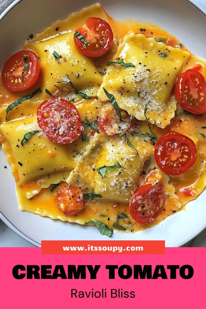 Indulge in this delicious creamy tomato ravioli recipe that combines the richness of homemade creamy pasta with sun-kissed cherry tomato sauce for pasta. Perfect for busy nights, this easy ravioli recipe will have you savoring every bite of cheesy ravioli with basil. Ready in just 25 minutes, it’s a must-try for pasta lovers! Save this recipe for your next meal! #CreamyTomatoRavioli #EasyRavioliRecipes #HomemadePasta #CheeseRavioliWithBasil