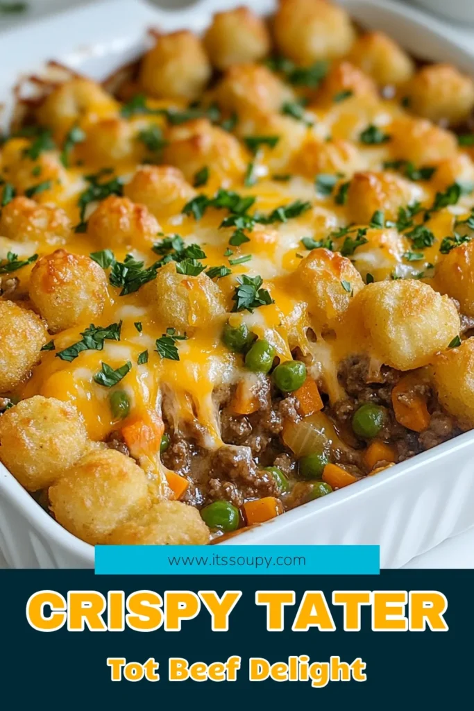 Looking for a delicious weeknight meal? Try this Tater Tot Casserole Recipe! It's a hearty Ground Beef Casserole packed with flavor, featuring tender baked tater tots on top. With easy prep and just one baking dish, this Easy Beef Casserole is perfect for busy evenings. You’ll love the creamy texture from the cream of mushroom soup and the cheesy goodness. Save this recipe for a family favorite dinner! #CasseroleRecipe #BeefCasserole #EasyDinner #TaterTots