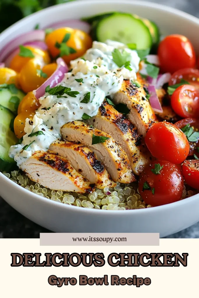 Discover the delicious world of Chicken Gyro Bowls with this easy Mediterranean Power Bowl recipe. Packed with flavor, this Healthy Chicken Gyro Recipe features marinated chicken served over a vibrant Quinoa Chicken Salad. Topped with fresh veggies and creamy tzatziki, each Tzatziki Chicken Bowl is a nutritious meal youβll love. Perfect for meal prep or a quick dinner. Save this recipe and elevate your weeknight meals! #ChickenGyroBowls #HealthyEating #MediterraneanDiet #MealPrepIdeas