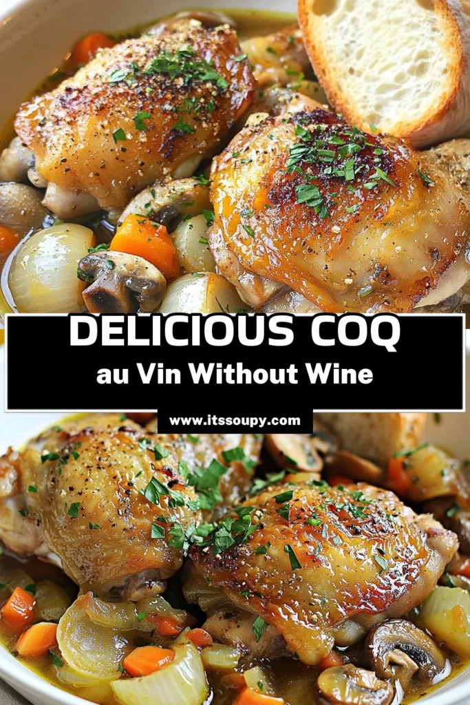 Discover the rich flavors of Coq au Vin sans Vin, a comforting non-alcoholic chicken stew that offers a delightful twist on the classic recipe. This chicken thighs recipe uses grape juice as a cooking substitute for wine, making it perfect for family dinners. Enjoy tender chicken simmered with savory veggies and aromatic herbs. Try this comforting chicken dish today! Save this recipe for your next meal! #CoqauVin #NonAlcoholicCooking #ChickenThighs #ComfortFood