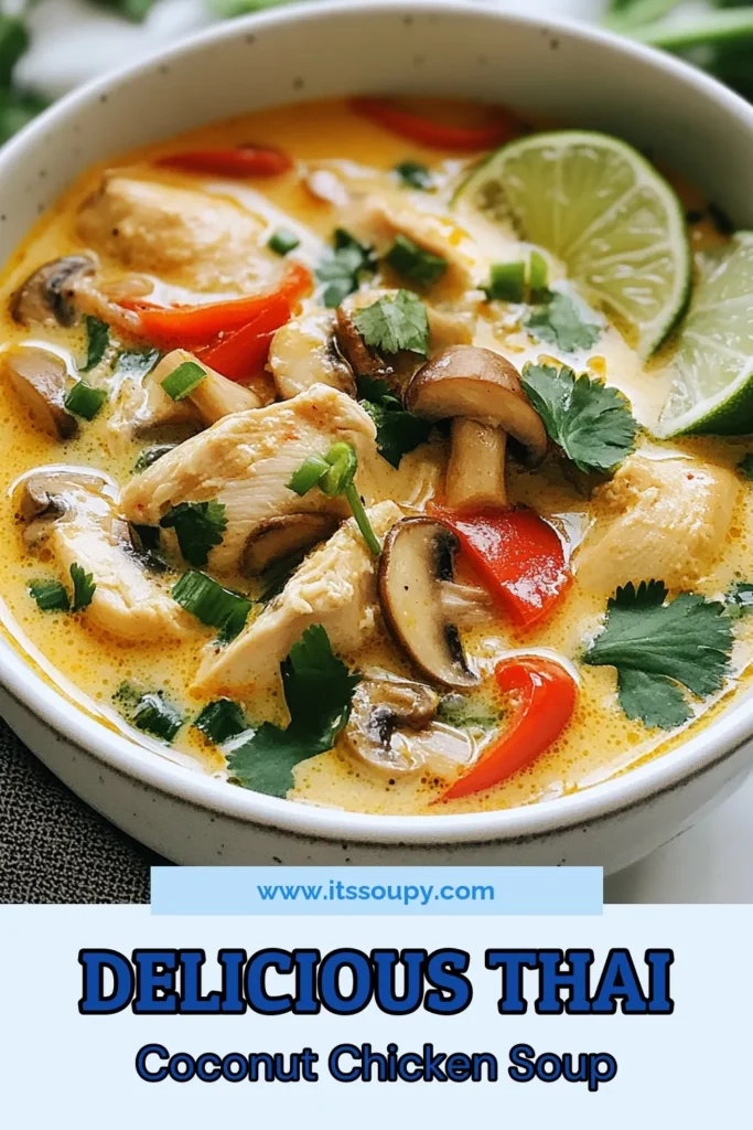 Dive into the rich flavors of this easy Thai coconut chicken soup! This coconut milk chicken soup recipe features tender chicken thighs, aromatic lemongrass, and fresh veggies, making it an authentic Thai soup you can whip up in no time. Perfect for a cozy dinner, this lemongrass chicken soup bursts with taste. Try it today and enjoy a warm bowl of delightful comfort! Save this recipe for later! #ThaiCoconutChickenSoup #EasyThaiSoupRecipe #CoconutMilkChickenSoupRecipe #AuthenticThaiSoupIngredients
