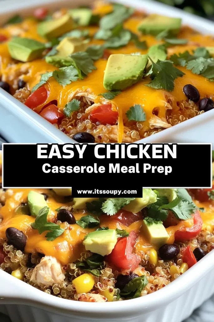 Looking for an easy and nutritious dinner option? Try this Meal Prep Chicken Casserole! Packed with shredded chicken, quinoa, black beans, and veggies, this healthy chicken casserole recipe is perfect for make-ahead dinner ideas. Enjoy delicious flavors and easy cleanup with this quinoa chicken casserole! Save this easy casserole recipe for your weekly meal prep! #MealPrep #ChickenCasserole #HealthyEating #DinnerIdeas
