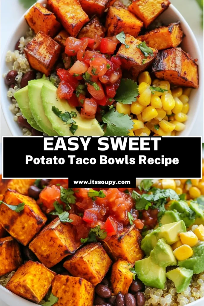 Enjoy these delicious Sweet Potato Taco Bowls, the perfect blend of healthy taco recipes and vegetarian flavors! This nourishing quinoa sweet potato bowl features roasted sweet potato tacos, black beans, corn, and creamy avocado, packed with nutrients and taste. Perfect for meal prep or a cozy dinner. Try making these tasty taco bowls today, and elevate your healthy eating! Save this recipe for later! #SweetPotatoTacoBowls #HealthyTacoRecipes #VegetarianTacoBowls #QuinoaSweetPotatoBowl