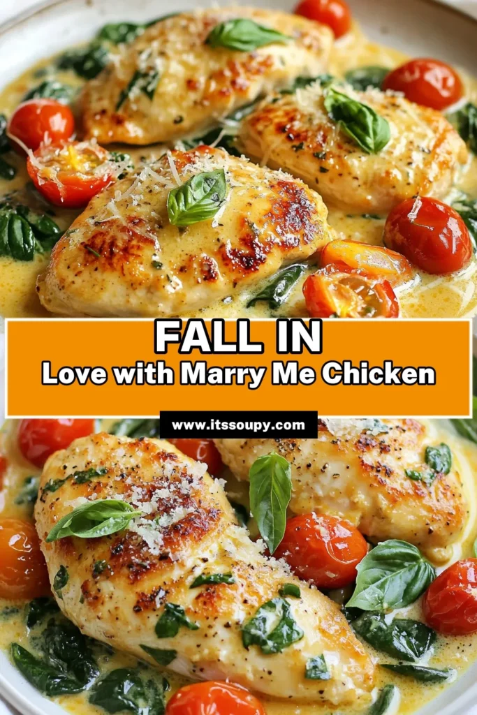 Discover the magic of Easy Marry Me Chicken, the ultimate creamy chicken recipe that will impress your loved one! This one-pan chicken dinner features tender chicken breasts coated in a rich garlic butter sauce with cherry tomatoes and fresh spinach. Perfect for romantic dinner ideas, this dish not only tastes divine but is quick to prepare. Get ready to wow at your next dinner! Save this recipe now! #MarryMeChicken #OnePanDinner #RomanticDinner #CreamyChickenRecipe
