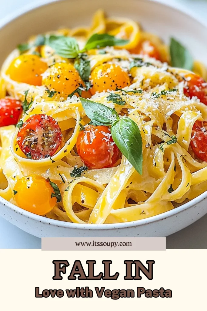 Indulge in this delicious Vegan Marry Me Pasta that combines rich, creamy coconut pasta with vibrant cherry tomatoes for an irresistible vegan pasta recipe. Perfectly cooked vegan fettuccine is bathed in a flavorful sauce that's both simple and satisfying. Ready in just 25 minutes, this cherry tomato pasta dish is sure to impress! Try it tonight and fall in love! Save for later! #VeganPastaRecipe #MarryMePasta #CreamyCoconutPasta #VeganFettuccine