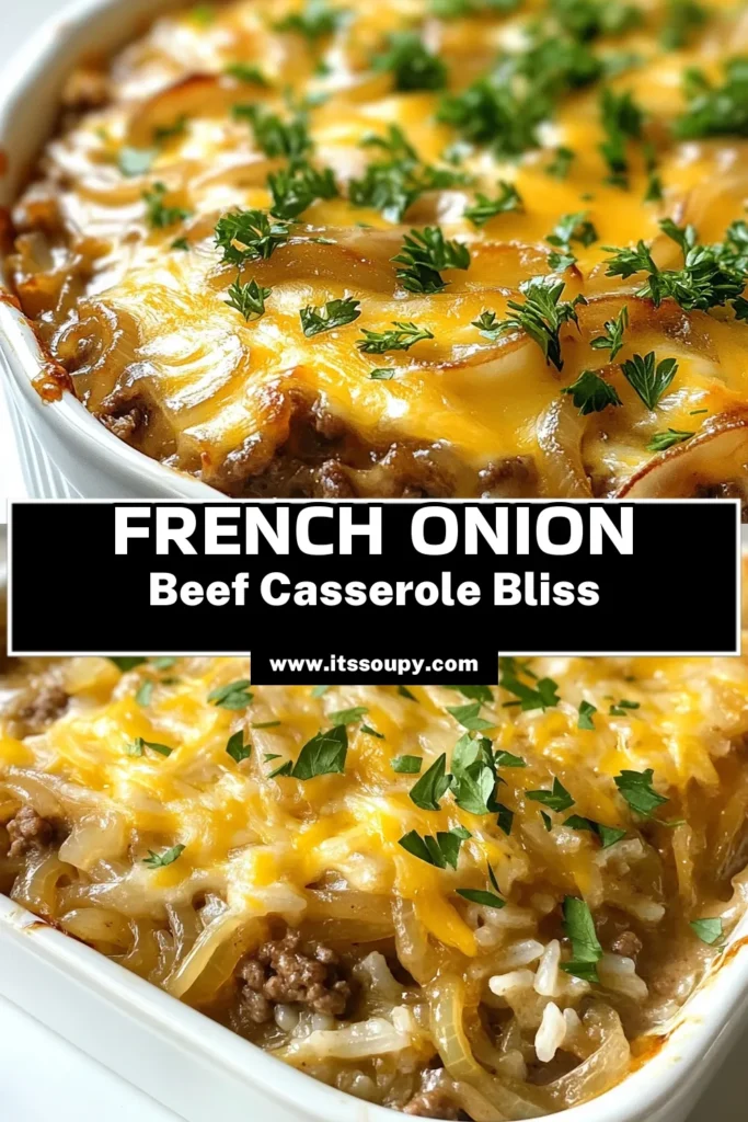 Indulge in this delicious French Onion Beef Casserole, a savory rice casserole recipe featuring ground beef, caramelized onions, and melted Swiss cheese. Perfect for weeknight dinners, this easy casserole recipe combines hearty ingredients into a comforting meal. Enjoy the flavors of a ground beef and cheese bake that the whole family will love. Try it and save for your next meal! #CasseroleRecipes #GroundBeef #EasyDinners #SavoryMeals