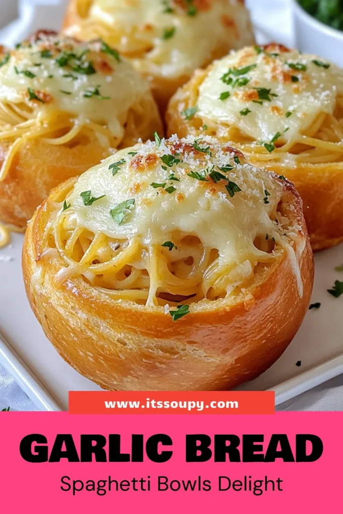 Delight in these Spaghetti Garlic Bread Bowls, the perfect fusion of flavors and textures! This Italian bread roll recipe transforms classic baked spaghetti recipes into fun, stuffed bread bowl creations. Each bowl is bursting with cheesy goodness, featuring garlic bread with cheese that’s irresistible. Easy to make and a showstopper at any table, you’ll love serving this dish. Try it today and save the recipe! #SpaghettiBowls #BreadBowlRecipes #ItalianCuisine #FoodieFavorites