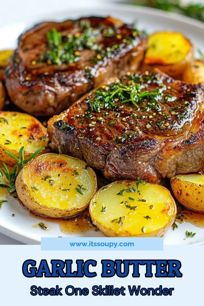 Indulge in this Garlic Butter Steak and Potatoes Skillet, your new go-to comfort food! This ribeye steak recipe pairs perfectly with skillet potatoes infused with garlic, creating a mouthwatering experience. It's an easy garlic butter steak dish that's quick to prepare, making it ideal for weeknight dinners. Don't miss out on this delicious meal—save this recipe and delight your family tonight! #GarlicButterSteakSkillet #RibeyeSteakRecipe #ComfortFoodRecipes #SkilletPotatoesWithGarlic