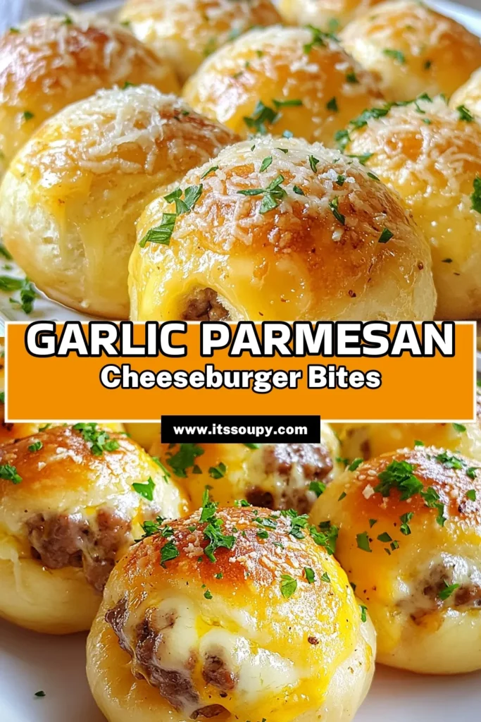 Indulge in these delightful Garlic Parmesan Cheeseburger Bombs! This easy cheeseburger recipe combines savory ground beef with cheese wrapped in pizza dough, creating perfect homemade beef bombs. They’re an ideal quick appetizer recipe for game days or parties. Ready in just 35 minutes, these cheesy treats will be a hit! Try them today and make your mealtime memorable! #GarlicParmesanCheeseburgerBombs #EasyCheeseburgerRecipe #PizzaDoughBombs #QuickAppetizerRecipes