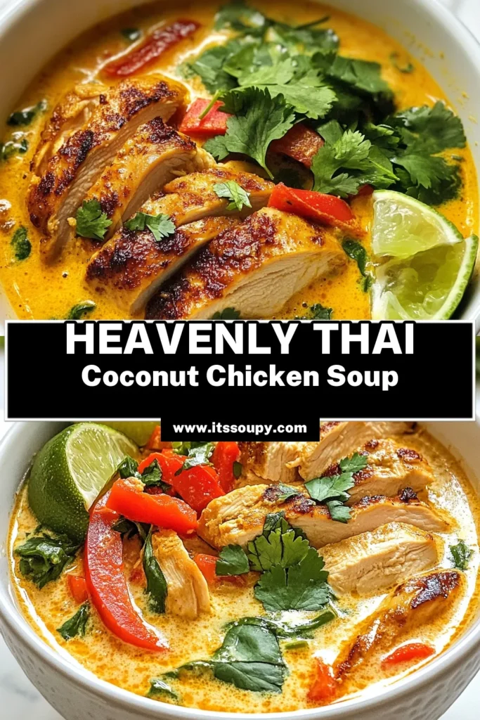 Discover the rich flavors of Thai Coconut Chicken Soup with our easy Thai soup recipe. This delicious coconut milk chicken soup combines tender chicken thighs, aromatic red curry paste, and fresh vegetables for a comforting chicken and coconut milk stew. Perfect for any day, this recipe is quick and satisfying. Save this easy Thai soup recipe for your next meal! #ThaiCoconutChickenSoup #CoconutMilkChickenSoup #RedCurryChickenSoup #EasyThaiSoupRecipe