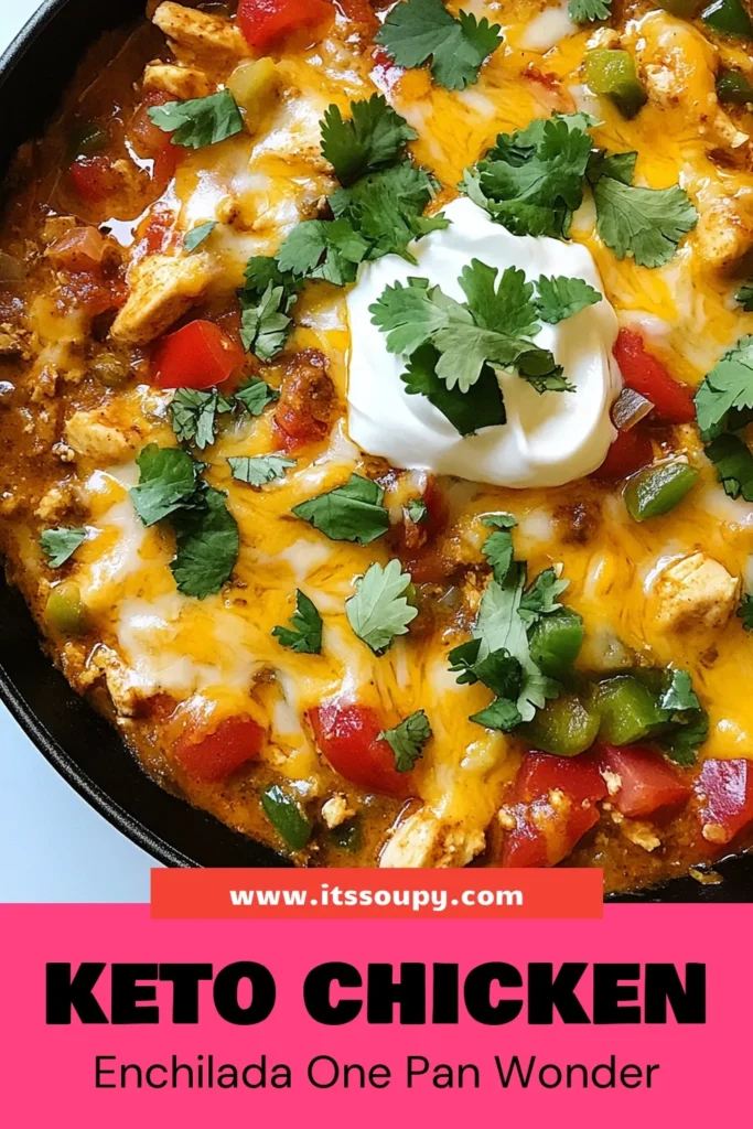 Looking to spice up dinner? Try this Keto Chicken Enchilada Skillet! It's a delicious low carb chicken recipe that's perfect for those busy nights. This easy chicken skillet meal combines tender chicken, flavorful spices, and melted cheese for a quick keto dinner idea. Enjoy healthy enchilada recipes without the guilt. Save this for a satisfying meal your family will love tonight! #KetoRecipes #LowCarb #HealthyEating #DinnerIdeas