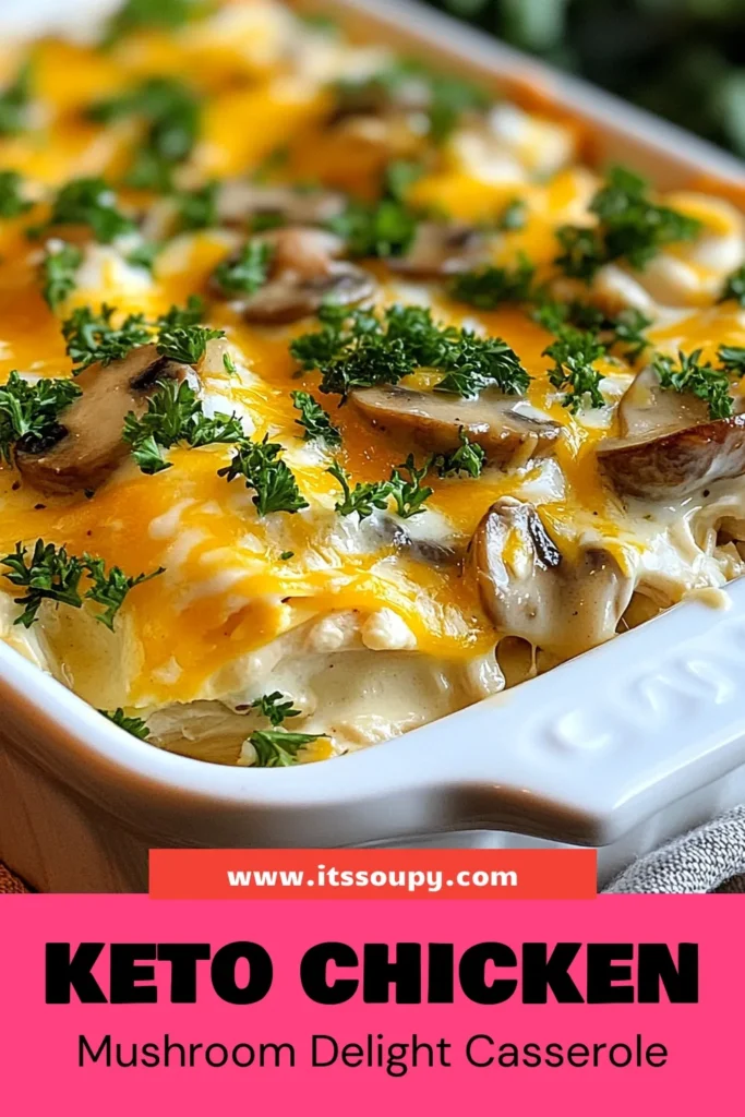 Looking for a delicious low carb chicken recipe? Try this Keto Chicken Mushroom Casserole! Loaded with creamy goodness, it's the perfect keto dinner recipe for busy weeknights or family meals. This cheesy mushroom casserole combines grilled chicken with sautéed mushrooms and rich cheeses for a satisfying dish everyone will love. Don't miss out—save this recipe for your next dinner! #KetoChickenCasserole #LowCarbRecipes #KetoDinner #CheesyMushroomCasserole