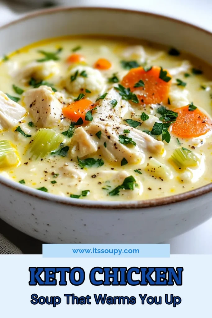 Warm up with this delicious Keto Chicken Pot Pie Soup, the perfect low carb chicken soup for your pantry. This creamy keto soup recipe is a healthy chicken pot pie alternative that combines tender chicken, fresh veggies, and aromatic herbs for a comforting meal. Try this easy recipe for a satisfying bowl of keto comfort food. Save now for easy access! #KetoChickenPotPieSoup #LowCarb #HealthyRecipes #KetoComfortFood