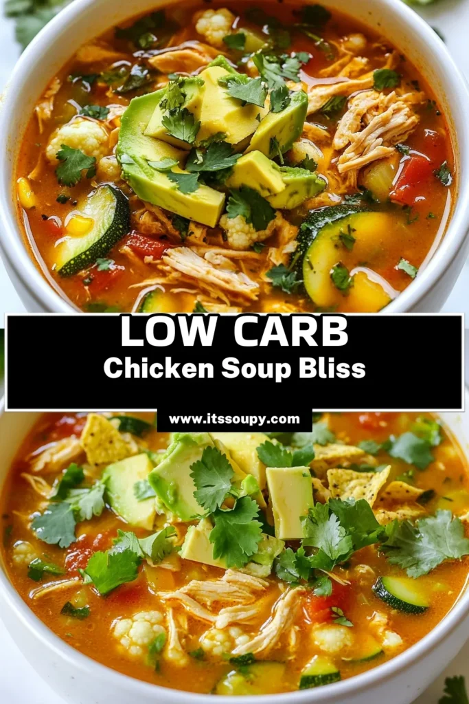 Discover the rich flavors of this low carb chicken tortilla soup, a healthy chicken soup recipe that's perfect for any meal. Packed with veggies, it’s an easy tortilla soup that fits perfectly into your keto meal plan. Enjoy a comforting bowl of this low carb soup recipe that's both delicious and satisfying. Try it today and feel the warmth! Save for later! #LowCarbSoupRecipes #KetoChickenTortillaSoup #HealthyEating #EasyRecipes