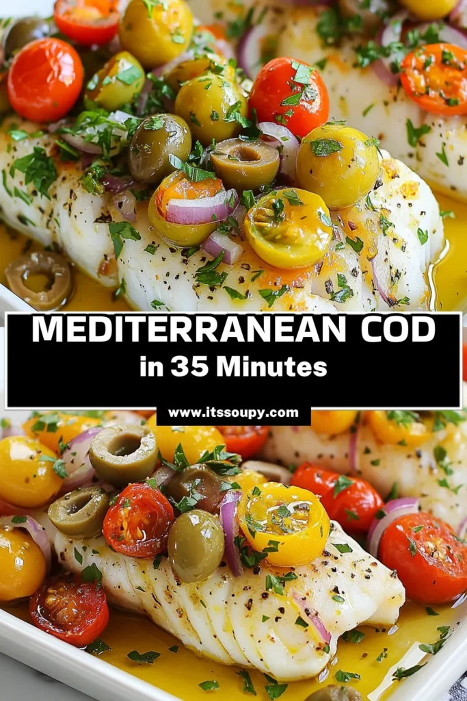Discover the flavorful world of Mediterranean baked cod with olives! This easy fish recipe features tender cod fillets topped with cherry tomatoes, Kalamata olives, and a zesty lemon drizzle, making it a standout among healthy cod dishes. Perfect for a quick weeknight dinner, this baked cod with olives is a must-try. Click for the full cod fillets recipe and enjoy a nutritious meal tonight! #MediterraneanBakedCod #HealthyFishDishes #EasyFishRecipes #BakedCodWithOlives