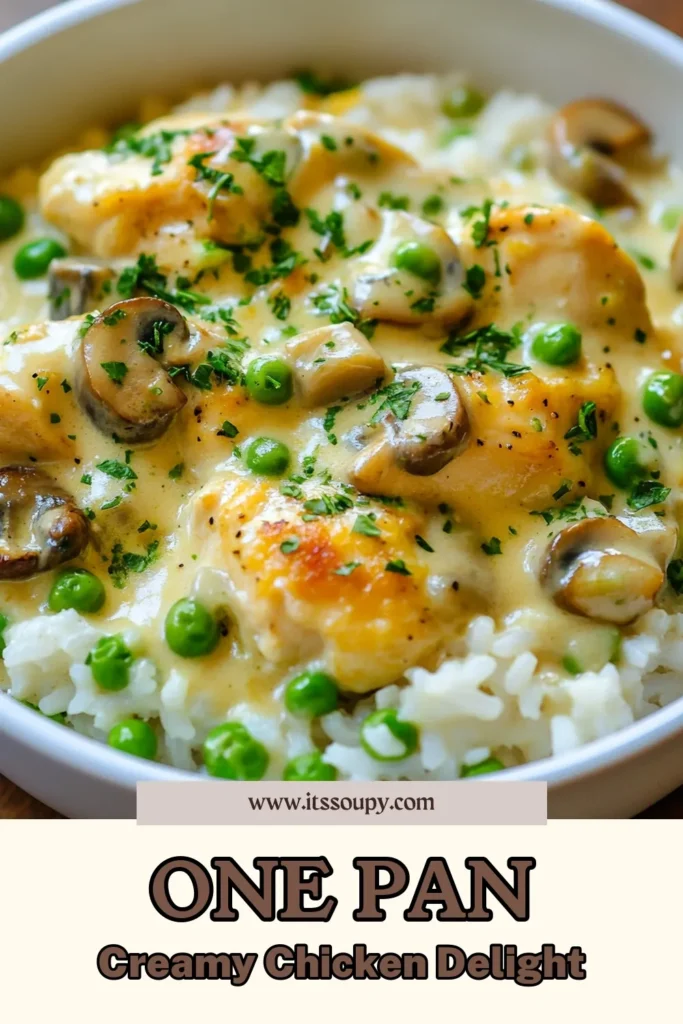 Looking for a comforting meal? This creamy chicken and rice recipe is your perfect solution! This smothered chicken dish, packed with flavor, combines tender chicken breasts with creamy rice, mushrooms, and peas in one pot, making it an easy chicken dinner for any night. Enjoy this delicious comfort food chicken recipe and make it your family's new favorite. Save this recipe for a cozy dinner! #CreamyChickenAndRice #OnePotDinner #ComfortFood #EasyDinnerIdeas