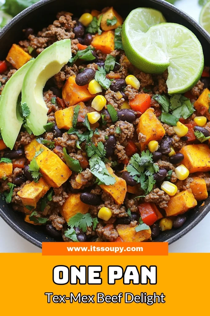 Discover a delicious and healthy Tex-Mex dinner with this easy recipe for Tex-Mex Beef Sweet Potato Skillet. This flavorful ground beef sweet potato dish combines seasoned beef, sweet potatoes, black beans, and corn in a hearty one-pan sweet potato meal. Perfect for busy weeknights, this easy beef and bean skillet is ready in just 30 minutes. Save this healthy Tex-Mex skillet recipe for your next family dinner! #TexMex #SkilletRecipe #HealthyDinner #OnePanMeal