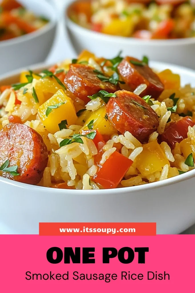 Discover this delicious smoked sausage rice recipe that's perfect for busy weeknights! This one-pot smoked sausage meal combines tender rice, savory smoked sausage, and vibrant veggies for an easy rice and sausage dish that your family will love. Enjoy quick dinner recipes like this smoked sausage and rice casserole that can be on the table in just 40 minutes. Save it for your next mealtime delight! #OnePotMeal #QuickDinner #RiceRecipe #SmokedSausage