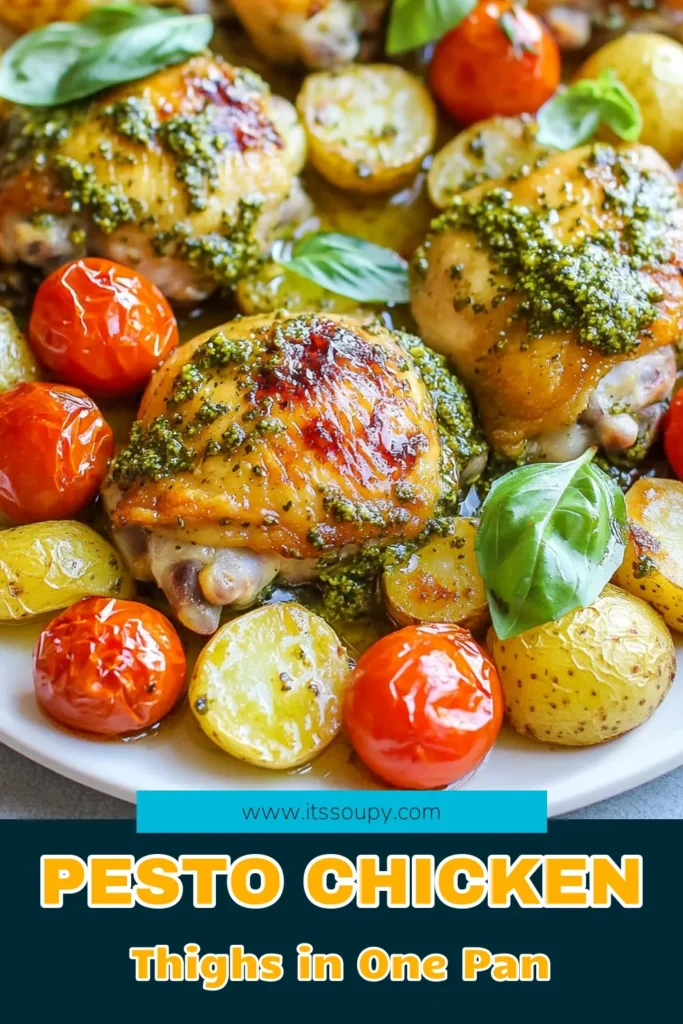 Discover the deliciousness of sheet pan pesto chicken thighs, a perfect solution for busy weeknights! This easy chicken recipe features savory roasted chicken with vegetables like baby potatoes, cherry tomatoes, and bell pepper, all cooked in one pan. Enjoy a flavorful basil pesto chicken recipe that your family will love. Save this recipe for a quick and simple one pan chicken dinner that's both satisfying and healthy. Try it today! #SheetPanDinner #EasyRecipes #OnePanMeals #BasilPesto