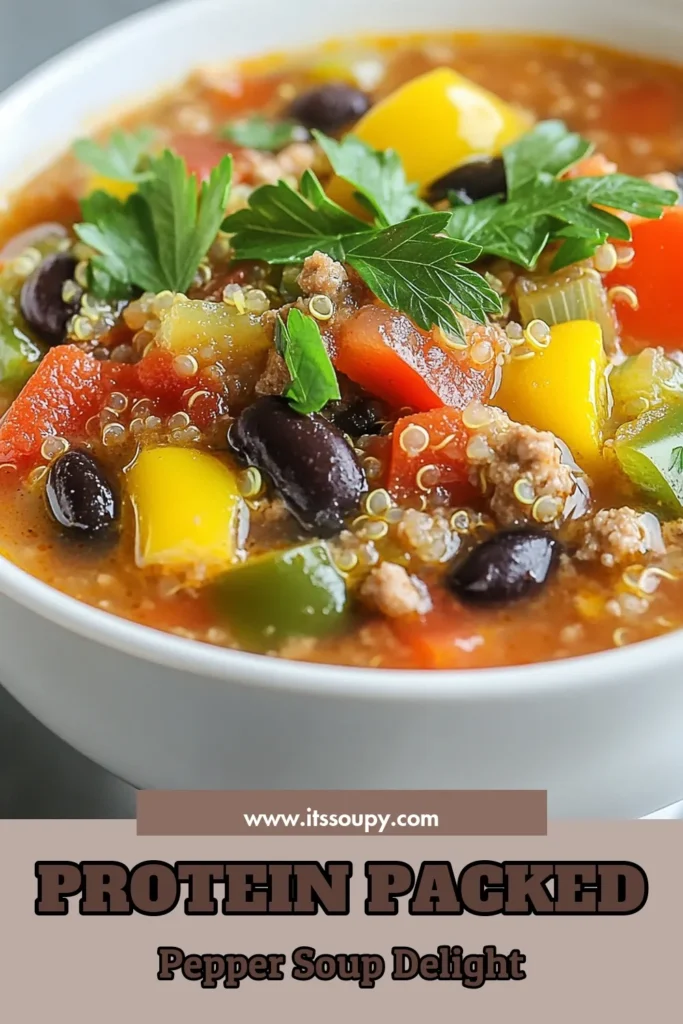 Discover the ultimate high protein stuffed pepper soup that's both delicious and nutritious! This healthy stuffed pepper soup recipe features quinoa and ground turkey for a satisfying meal. Perfect for those looking for a low sodium stuffed pepper soup, this quinoa stuffed pepper soup is packed with flavor and easy to make. Try this tasty ground turkey soup recipe today! Save and enjoy your new favorite dish! #HealthyEating #SoupRecipes #HighProtein #StuffedPeppers