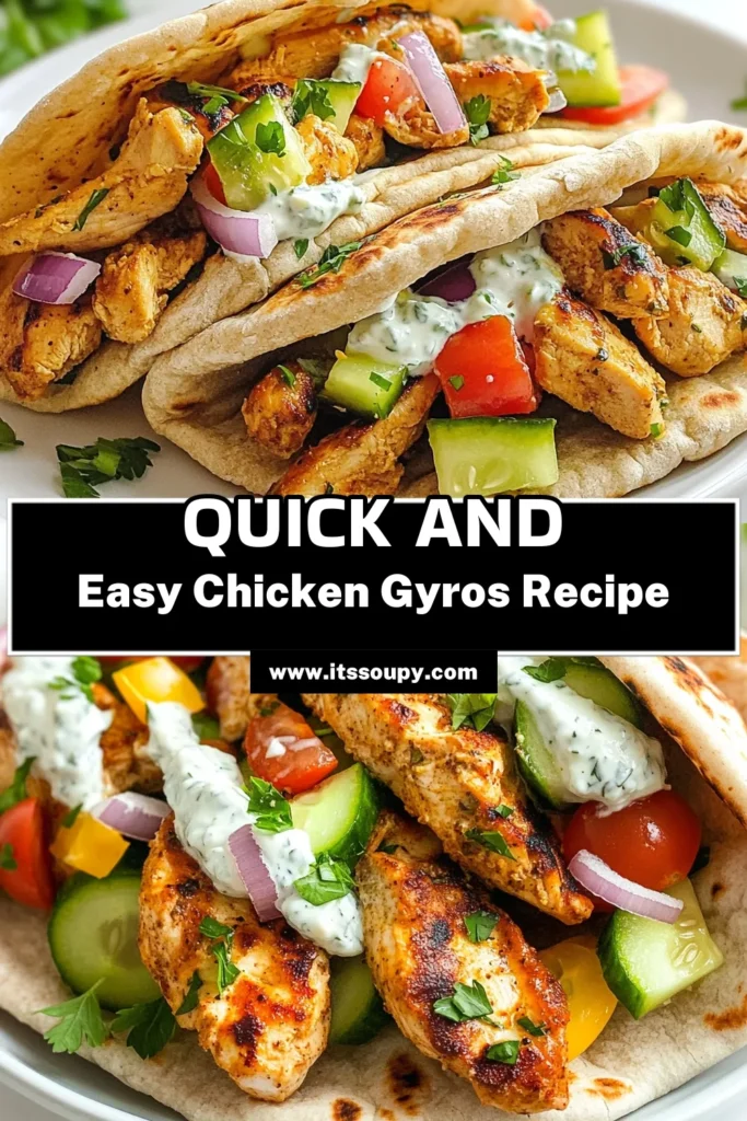 Try this quick Mediterranean chicken gyros recipe for a delicious and healthy pita sandwich! This easy dinner idea features marinated chicken strips topped with homemade tzatziki sauce, fresh veggies, and wrapped in whole wheat pita. Perfect for a busy weeknight, these Mediterranean chicken gyros are not only flavorful but also satisfying. Save this recipe for your next meal and impress your family! #MediterraneanChickenGyros #HealthyPitaSandwich #QuickDinnerIdeas #HomemadeTzatzikiSauce