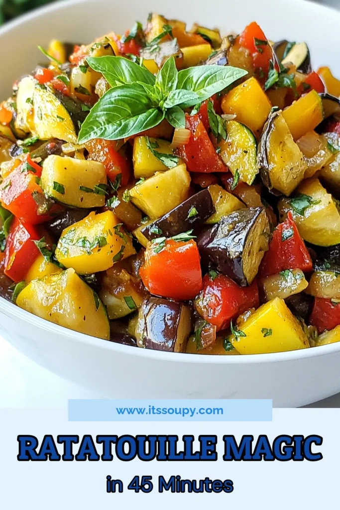 Discover a delicious ratatouille recipe with our easy vegetable ratatouille stew! Packed with fresh ingredients like eggplant, zucchini, and vibrant bell peppers, this healthy ratatouille dish is perfect for a light meal. Seasoned with fresh basil, it’s a flavorful way to enjoy veggies. Try this easy ratatouille recipe today and make your dinner a breeze. Don’t forget to save for later! #Ratatouille #HealthyRecipes #VegetableDish #EasyCooking