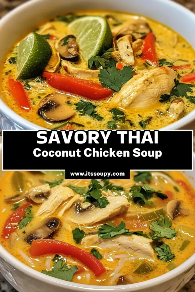 Dive into the deliciously soothing flavors of this Thai Coconut Chicken Soup, the ultimate easy Thai soup recipe! Made with creamy coconut milk and tender chicken thighs, this authentic Thai cuisine dish is perfect for any occasion. Ready in just 30 minutes, it’s a fantastic addition to your homemade soup recipes. Warm your soul and impress your guests tonight—save this recipe for later! #ThaiCoconutChickenSoup #EasyThaiRecipe #CoconutMilkChickenSoup #HomemadeSoups