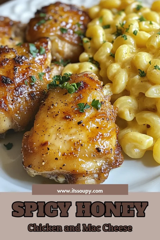 Indulge in the perfect combo of Spicy Honey Chicken and Creamy Mac and Cheese! This easy dinner recipe features succulent Sriracha chicken thighs marinated in a sweet and spicy glaze, paired with cheesy pasta that will leave everyone wanting more. Enjoy this delicious twist on comfort food and impress your family tonight. Save this Spicy Honey Chicken dish for your next meal plan! #SpicyHoneyChicken #CheesyPastaDishes #EasyDinnerRecipes #CreamyMacandCheeseRecipe