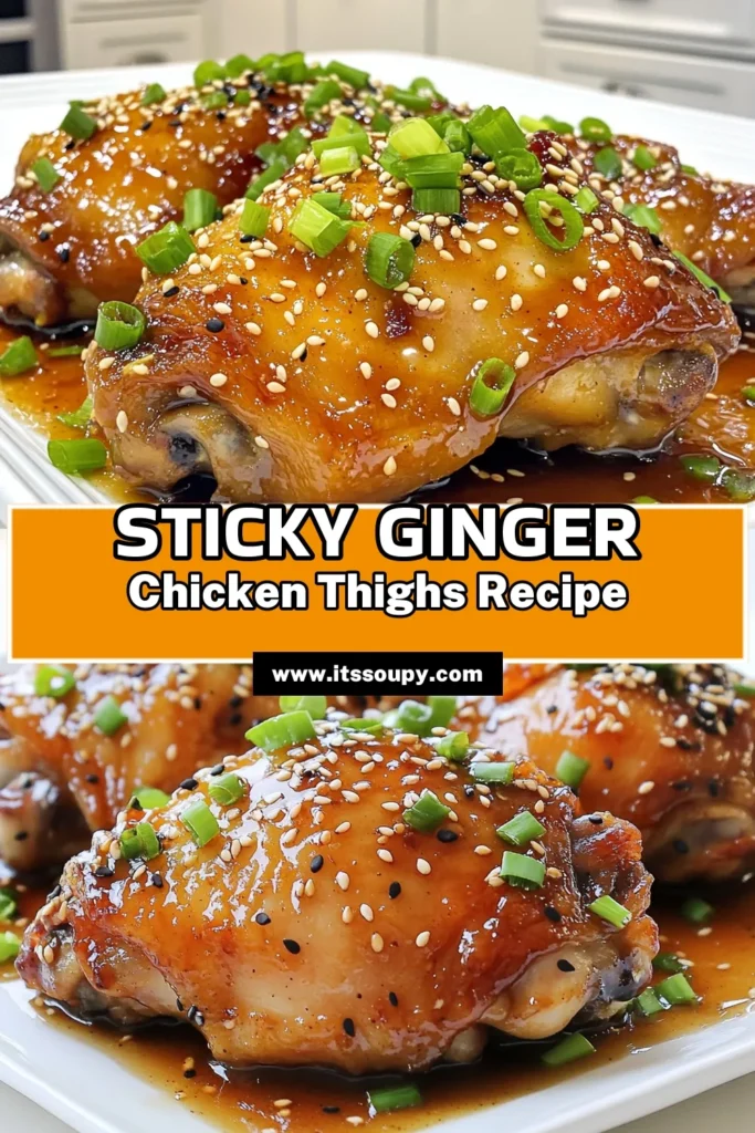 Get ready to elevate your dinner game with these Sticky Sesame Ginger Chicken Thighs! This easy recipe combines tender chicken with a flavorful marinade of soy sauce, honey, and ginger for a dish that's both mouthwatering and simple to prepare. Perfect for family dinners or meal prep, each bite is packed with deliciousness. Click through to explore this recipe and more! #ChickenRecipes #EasyDinner #WeeknightMeals #CookingAtHome
