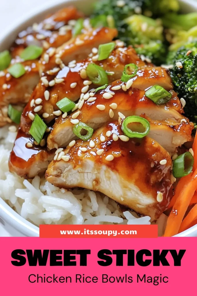 Discover the ultimate Sweet and Sticky Chicken Rice Bowls that are perfect for an easy dinner recipe! This delicious Chicken Rice Bowl features tender chicken thighs marinated in a flavorful Sticky Chicken Marinade, served over fluffy jasmine rice. With vibrant veggies like broccoli and carrots, this Jasmine Rice Recipe is a must-try. Save this easy recipe for busy nights! #StickyChicken #ChickenRiceBowls #EasyDinner #JasmineRiceRecipe