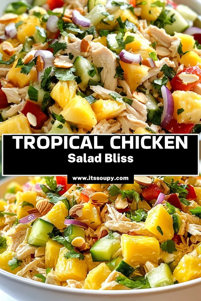Looking for a refreshing dish for summer? Try this Tropical Hawaiian Chicken Salad! Packed with shredded chicken, fresh pineapple, and a creamy Greek yogurt dressing, it's the perfect healthy chicken salad for your next gathering. This tropical chicken salad recipe is easy to make and delicious. Perfect for warm days! Save it for your summer salad recipes collection and enjoy the flavors of the tropics. #HawaiianChickenSalad #HealthySalad #SummerSalads #ChickenSaladRecipe