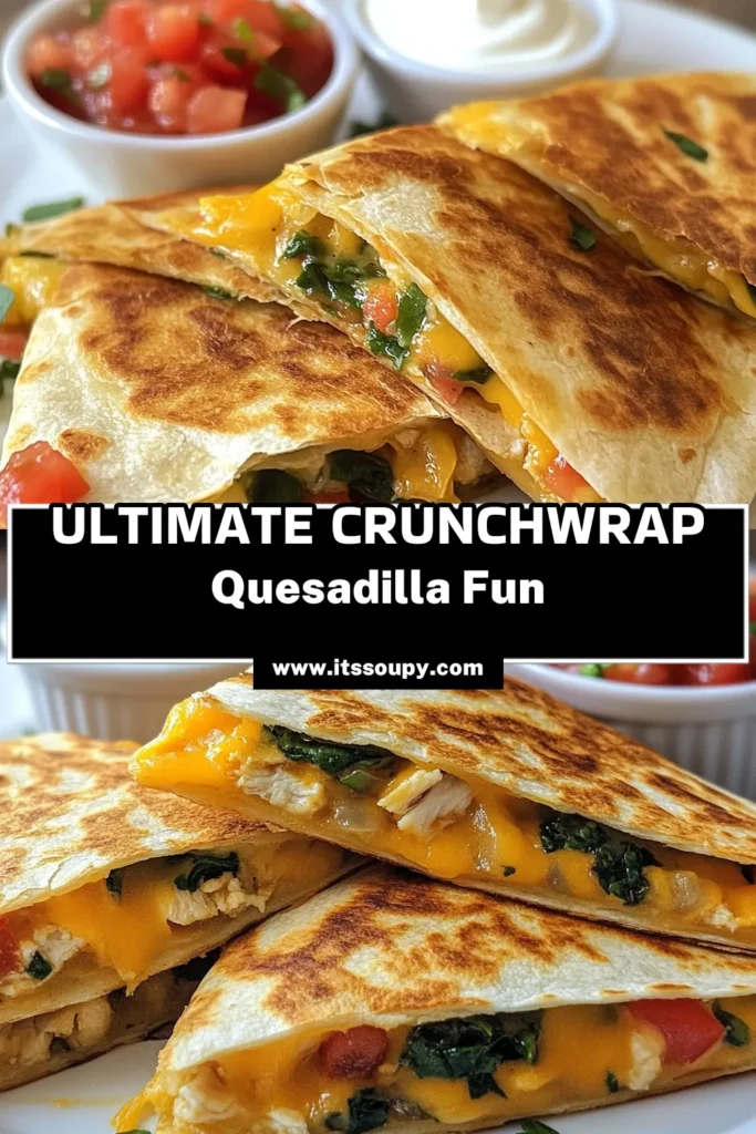 Discover the ultimate Crunchwrap recipe that’s perfect for any meal! This delicious Quesadilla with chicken features melted cheddar and pepper jack cheeses, along with fresh spinach and diced tomatoes. Plus, enjoy a Vegetarian crunchwrap option with black beans. These easy tortilla recipes will delight everyone. Save this cheesy crunchwrap for a quick meal that’s sure to impress! Try it today! #CrunchwrapRecipe #Quesadilla #TortillaRecipes #EasyMeals