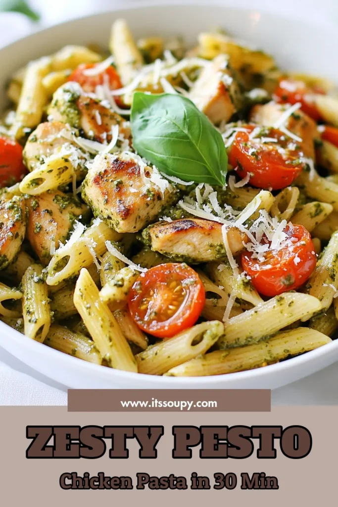 Looking for a delicious 30-minute chicken dinner? Try this Quick Chicken Pasta with a zesty pesto recipe! This easy penne pasta dish combines tender chicken, fresh basil pesto, and cherry tomatoes for a vibrant meal. Perfect for busy weeknights, this Basil Pesto Pasta recipe is a guaranteed crowd-pleaser. Make it in under 30 minutes and enjoy! Save this recipe for your quick meal ideas. #QuickChickenPasta #ZestyPestoRecipe #EasyPennePasta #30MinuteDinner